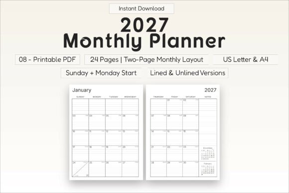 Download 2027 Monthly Planner Printable PDF - Plan Collection